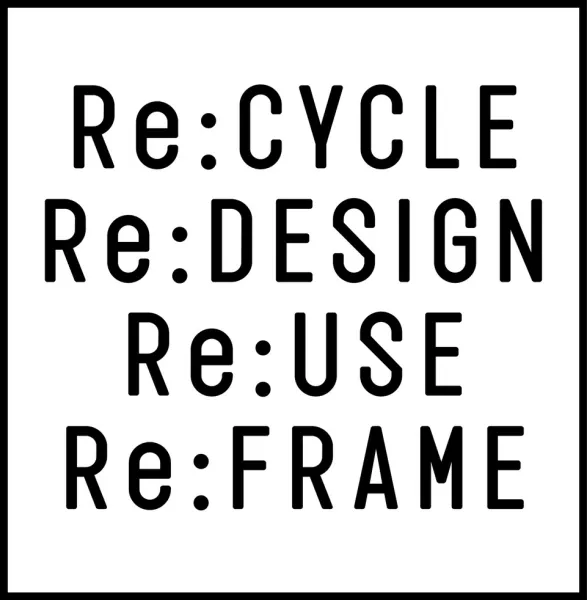 The image displays four terms in bold, black text on a white background: "Re:Cycle", "Re:Design", "Re:Use", and "Re:Frame". The terms are vertically aligned and emphasize the concept of recycling and reuse.