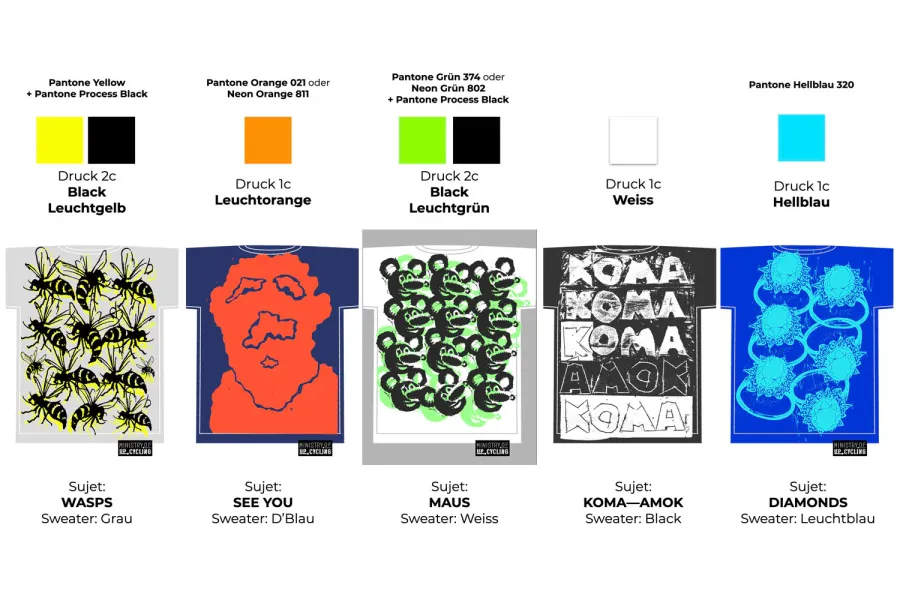 Fünf verschiedene T-Shirt-Designs werden gezeigt, jedes mit einem einzigartigen Motiv und Farbschema. Die Designs umfassen gelbe Wespen auf grauem Hintergrund, ein orangefarbenes Gesicht auf blauem Hintergrund, grüne Mäuse auf weißem Hintergrund, schwarzes Textdesign auf weißem Hintergrund und türkisfarbene Diamanten auf hellblauem Hintergrund.