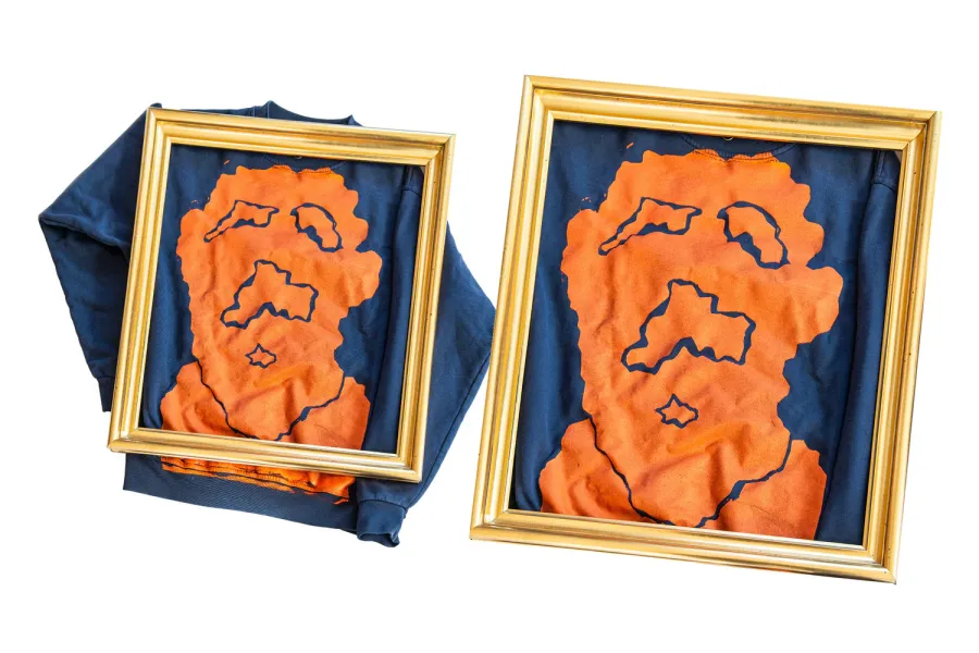 Zwei gerahmte Bilder zeigen ein blaues T-Shirt mit einem auffälligen orangefarbenen Druck, der an ein abstraktes Gesicht erinnert. Der Druck besteht aus groben, unregelmäßigen Formen und Linien, die mit schwarzem Umriss hervorgehoben werden. Die goldenen Rahmen betonen die lebendigen Farben und die einzigartige Gestaltung des T-Shirts.