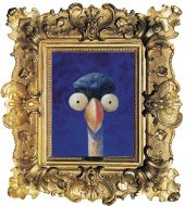 Ein kunstvolles Bild zeigt einen Vogelkopf mit einem blauen Federbusch und einem markanten, roten und weißen Schnabel, der in einem prunkvollen, goldenen Rahmen mit barocken Verzierungen präsentiert wird.
